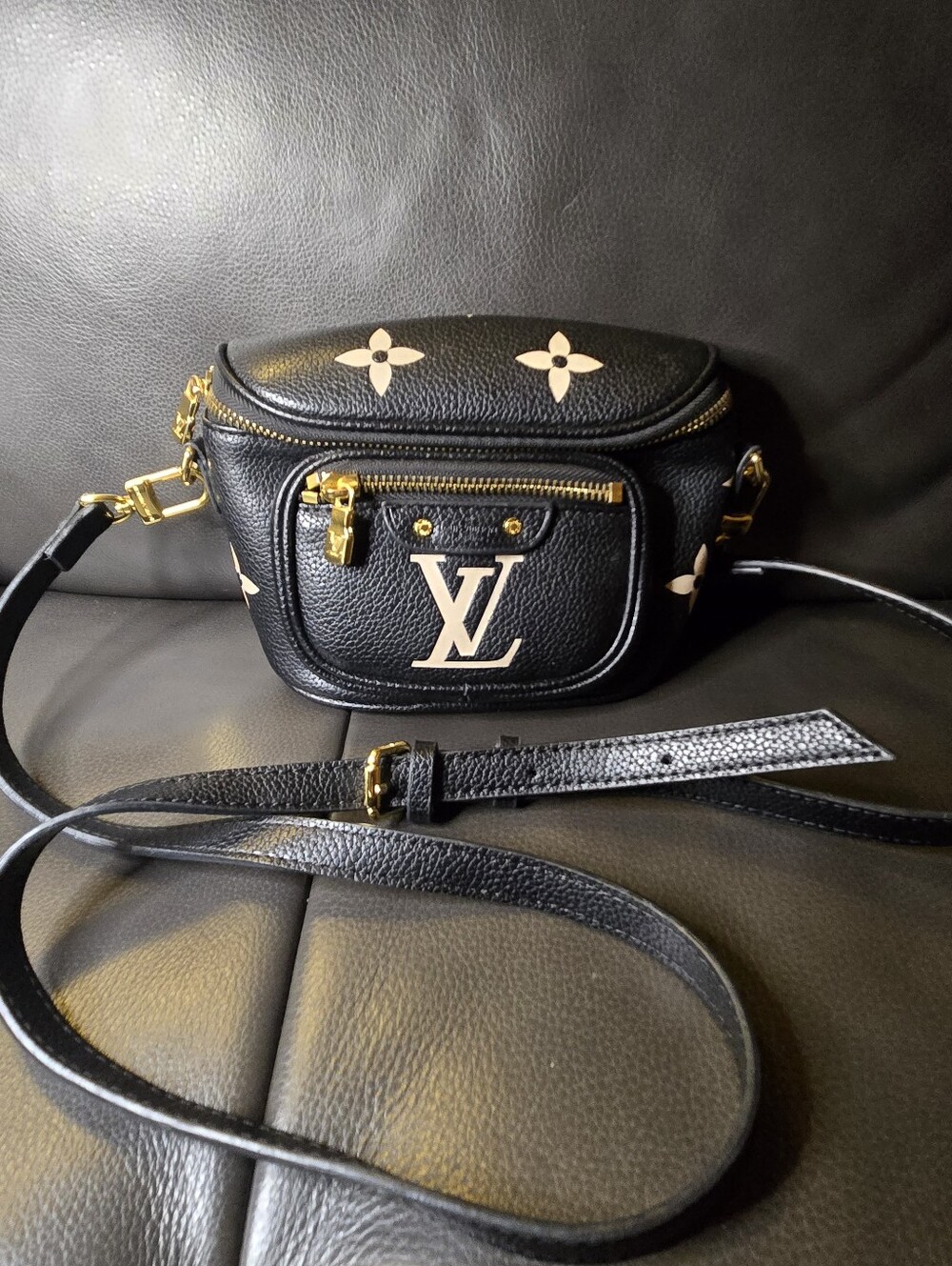 Black Leather Like Crossbody Bag with Beige Embossed Monogram